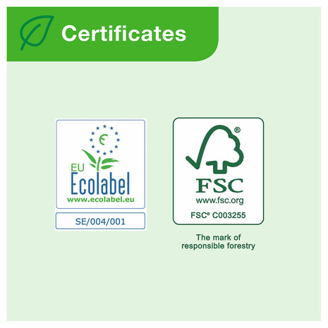 Rolice toaletnega papirja 110405 TORK imajo Ecolabel in FSC certifikat.