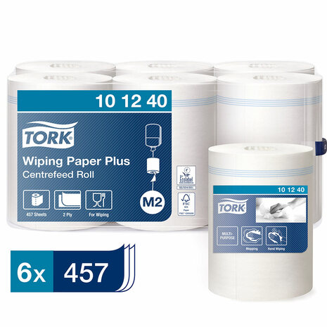 Papirnate brisače v roli TORK 101240 so pakirane v embalaži po 6 rol, vsaka ima 457 brisač.