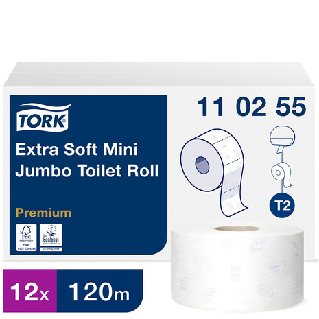 Toaletni papir 110255 TORK je v pakiranju po 12 rol, vsaka ima 120 metrov navitja.