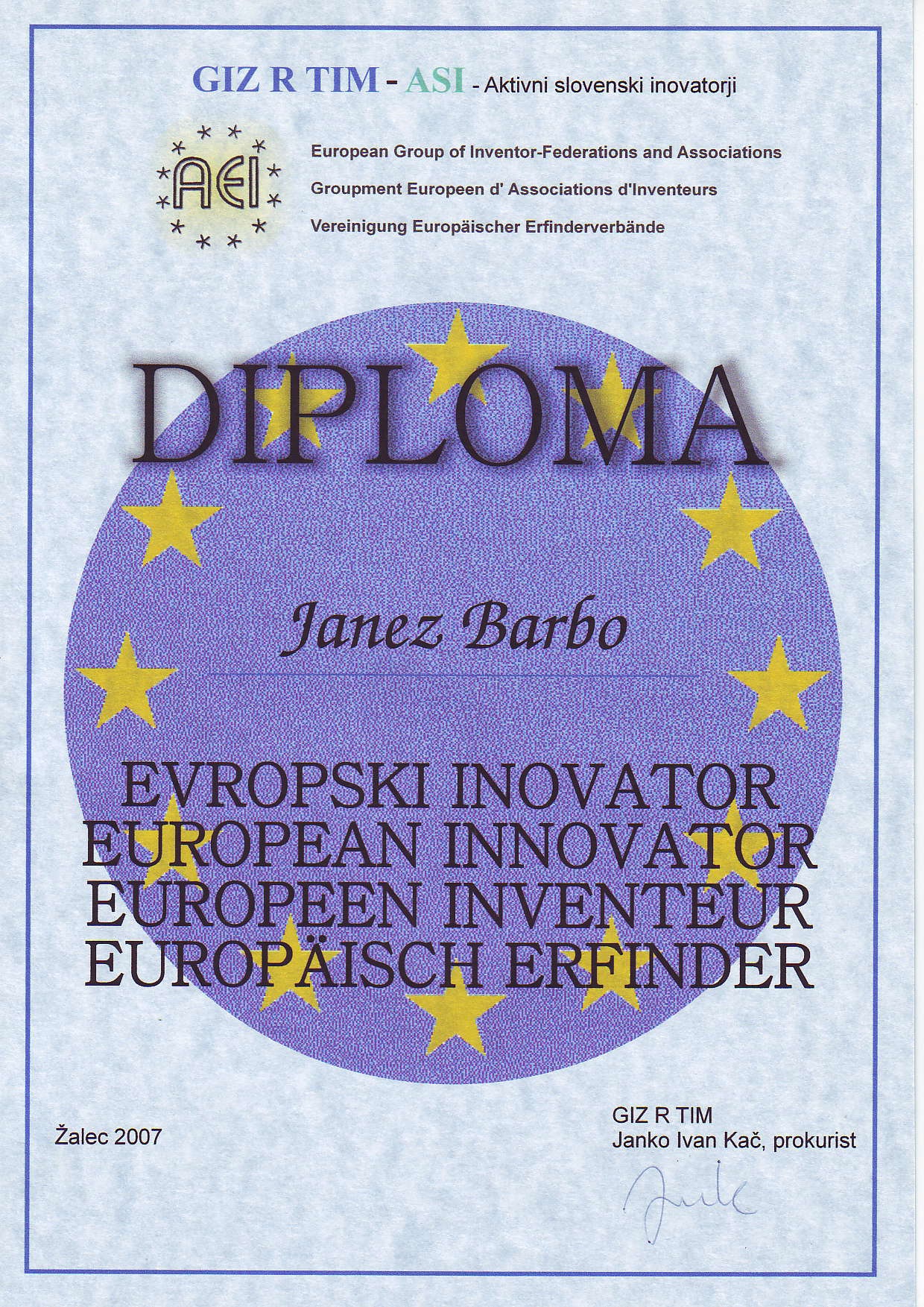 DIPLOMA Janez Barbo Evropski inovator