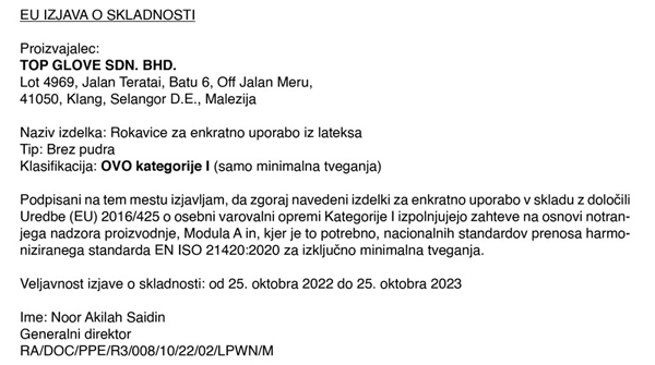 Izjava o skladnosti brez pudra