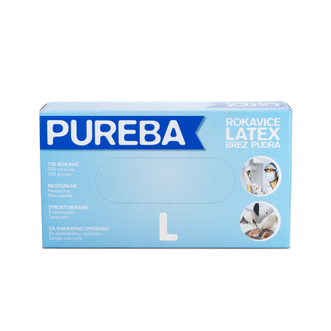 Rokavice LATEX, brez pudra, L, PUREBA, 100 kos/pak