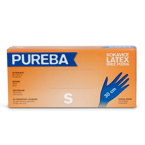 Rokavice LATEX, brez pudra, S, PUREBA ULTRA, podaljšane, modre, 50 kos/pak