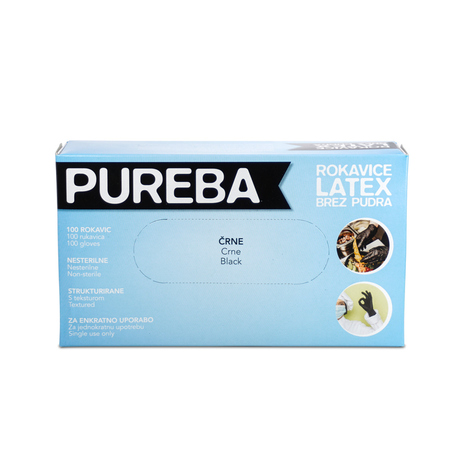Rokavice LATEX, brez pudra, XL, črne, PUREBA, 100 kos/pak