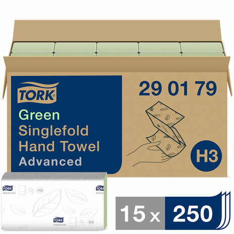 Papirnate brisače TORK 290179 so pakirane v kartonu po 15 paketov, v paketu je 250 kosov zloženk.