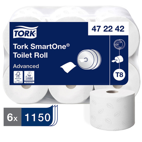 Toaletni papir rolice 472242 TORK je v embalaži pakiran po 6 rol, vsaka rola ima 1150 lističev. 