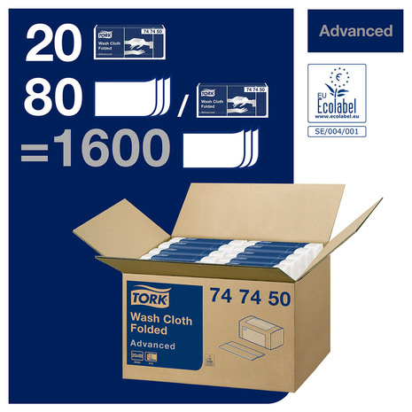 Zložene umivalne krpe 747450 TORK so pakirane v kartonu po 20 paketov, v vsakem paketu je 80 kosov. 