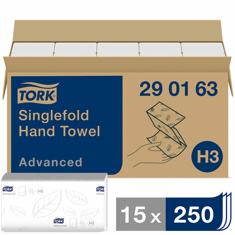 Papirnate brisače TORK 290163 so pakirani v kartonu po 15 paketov, v paketu je 250 kosov zloženk.