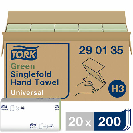 Papirnate brisače TORK 290135 so pakirane v kartonu po 20 paketov, v paketu je pakirano 200 kosov zloženk.