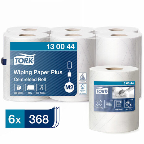 Papirnate brisače TORK 130044 so pakirane po 6 rol, vsaka ima 368 lističev. 