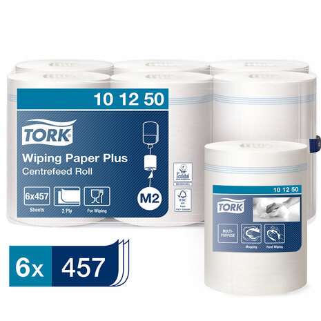 Papirnate brisače TORK 101250, v pakiranju je 6 rol, vsaka ima 457 lističev. 