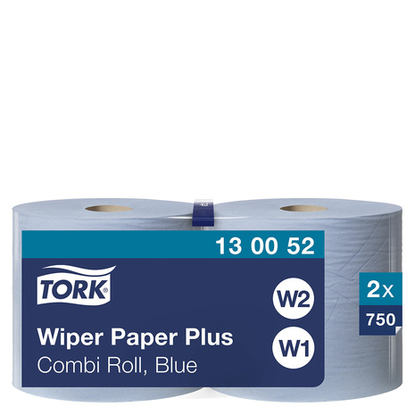 Industrijske papirnate brisače v roli 130052 TORK so pakirane po 2 roli, na vsaki je 750 lističev.