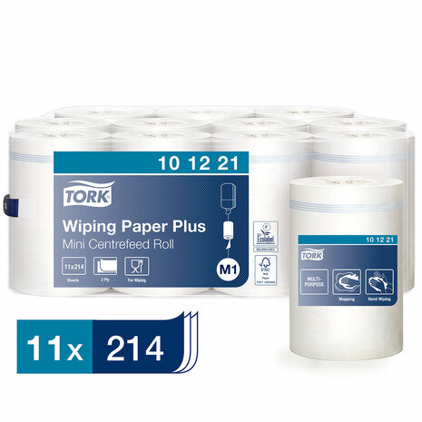 Papirnate brisače TORK 101221 so pakirane v embalaži po 11 rol, vsaka ima 214 lističev. 