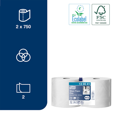 Papirnata brisača za industrijo 130041 TORK je primerna za stik z živili in ima Ecolabel ter FSC certifikat.