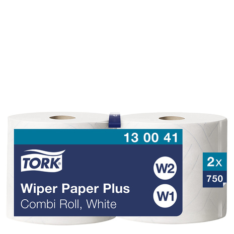 Industrijske brisače iz papirja 130041 TORK so pakirane po 2 roli, posamezna rola ima 750 lističev. 