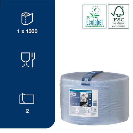 Modra bobina 130051 TORK ima Ecolabel in FSC certifikat, je dvoslojna ter primerna za stik z živili.