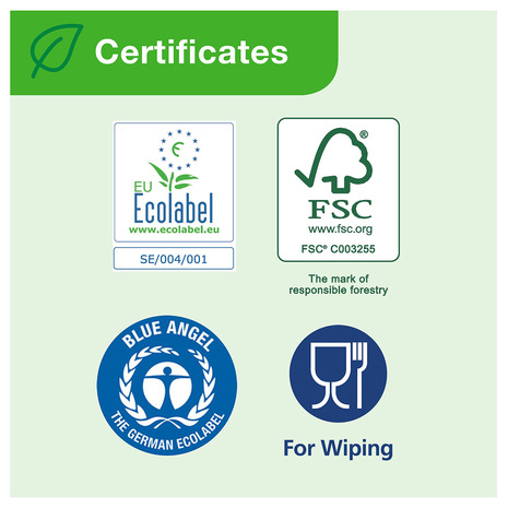 Papirnate brisače TORK 290076 imajo Ecolabel, FSC in Blue Angel ekološki certifikat. Primerne so za stik z živili.