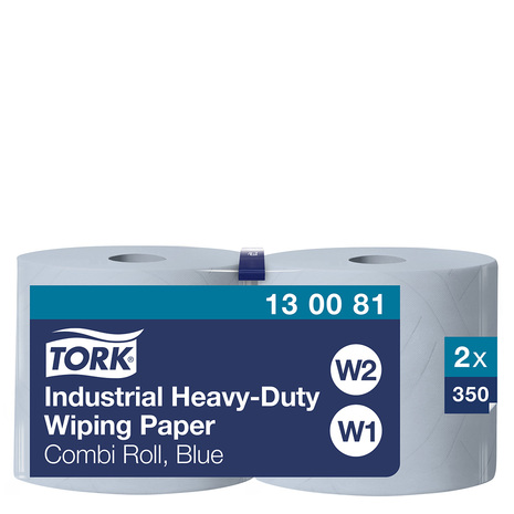 Industrijske papirnate brisače v roli TORK 130081, po 350 lističev na roli, pakirano po 2 roli v zavitku.