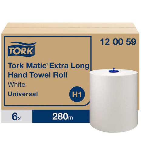 Papirnate brisače TORK 120059 so pakirane po 6 rol v kartonu, vsaka rola ima navitja 280 metrov papirja.
