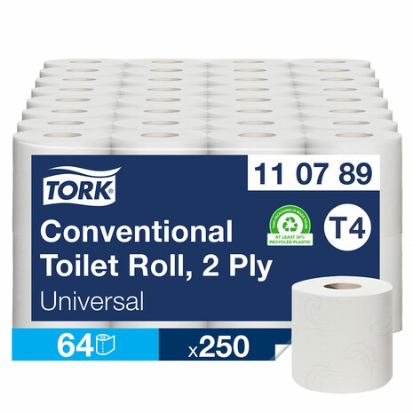 Toaletni papir 100789 TORK je v embalaži pakiran po 64 rolic, vsaka rola ima 250 lističev. 