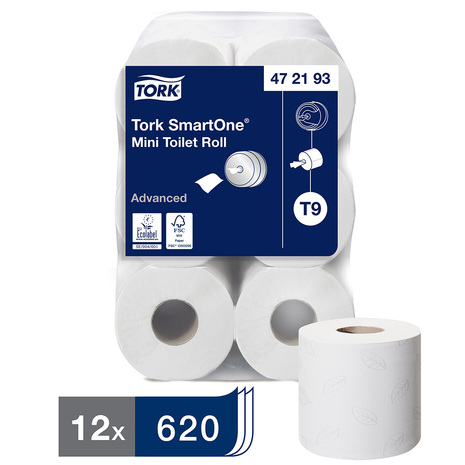 Toaletni papir 472193 TORK je v embalaži pakiran po 12 rol, vsaka rola ima 620 lističev.
