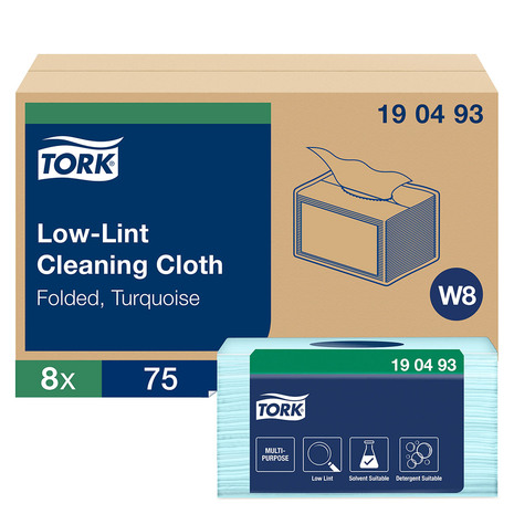 Krpe za čiščenje 190493 TORK so pakirane v kartonu, po 8 paketov, v vsakem je 75 zloženih krp. 
